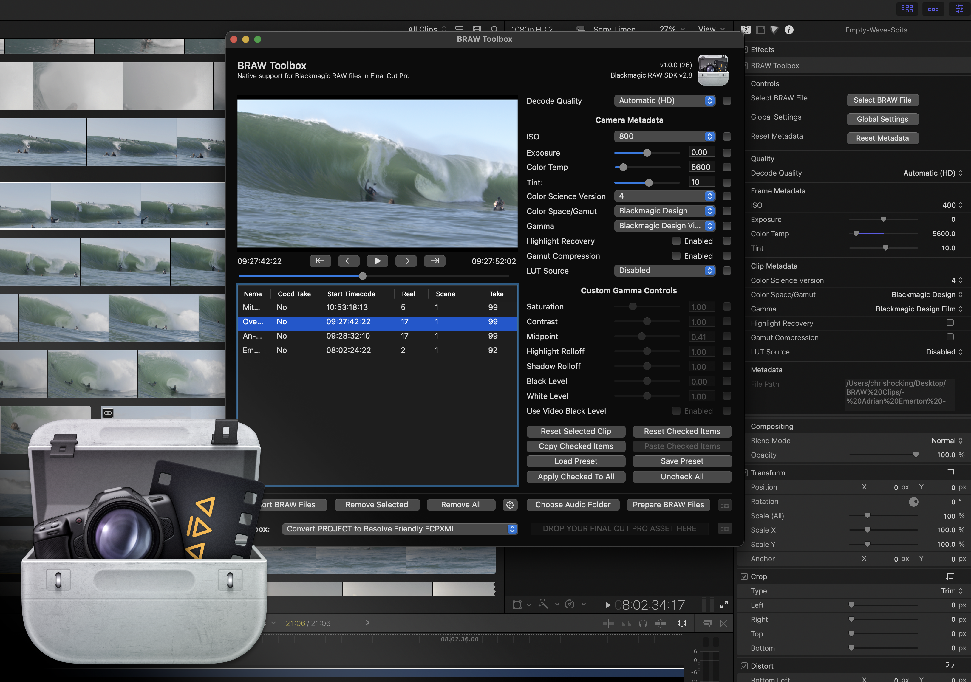 Screenshot of BRAW Toolbox in Action. Surf footage by Adrian Emerton.