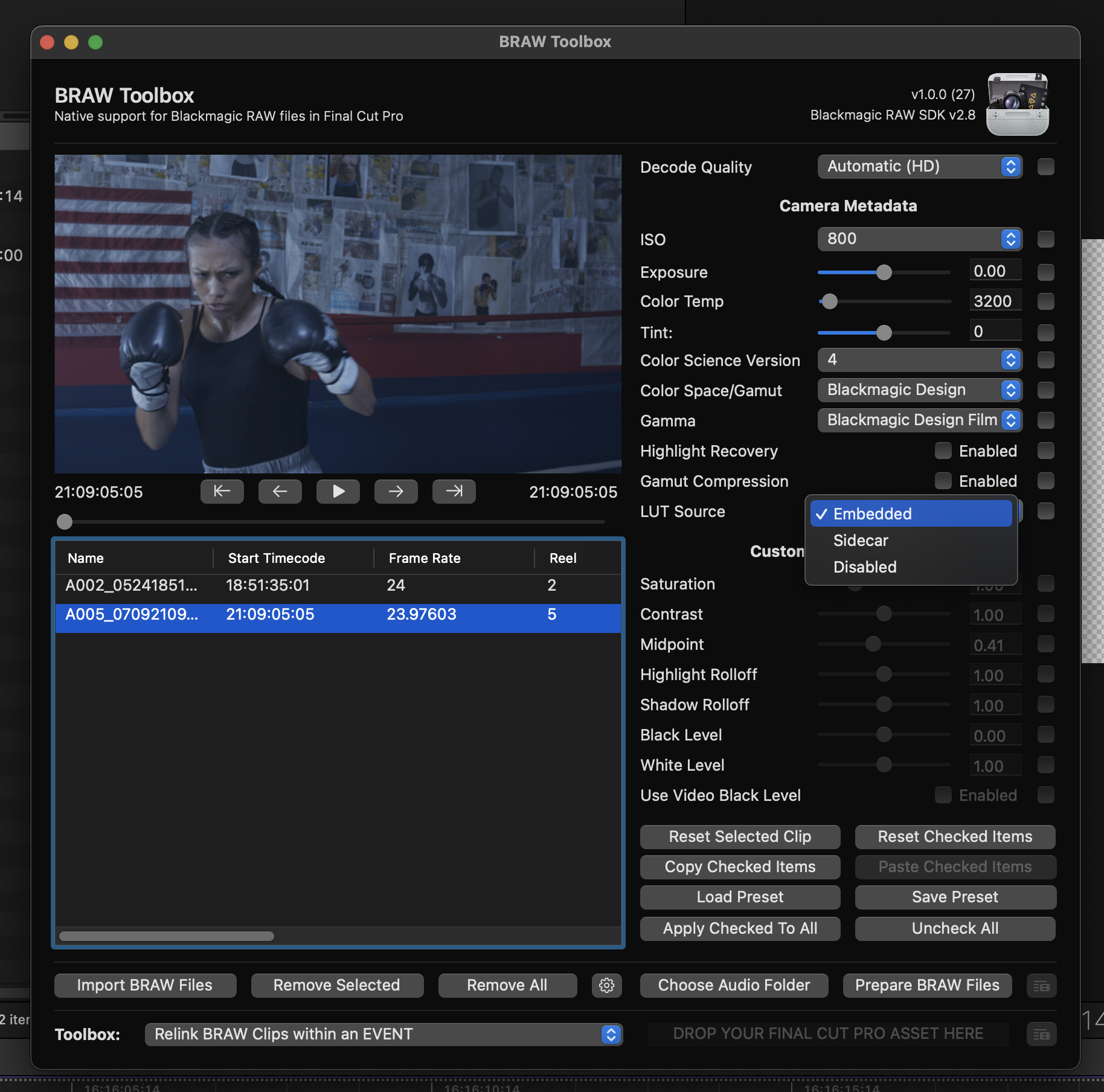 LUT Selection in the Final Cut Pro Inspector